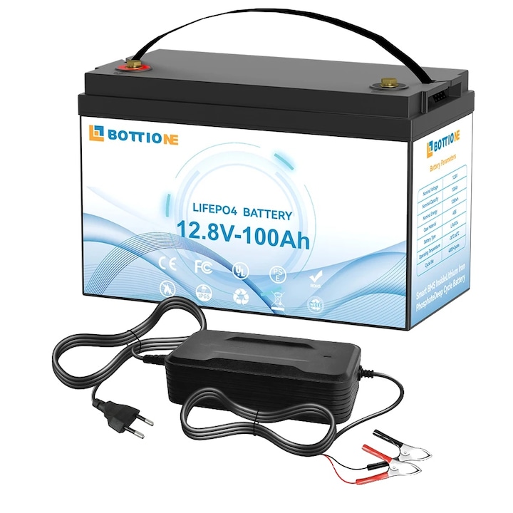 LiFePO4 12.8V 180Ah батерия със зарядно, размери 385x190x245 мм, тегло 16 кг