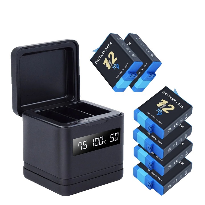 GoPro akkutöltő, LCD, 3 akkut tölt egyszerre, 2000mAh