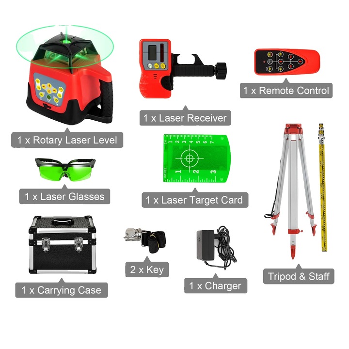 Ротационен лазерен нивелир, комплект от 2 броя, функция 360°, самонивелиране, зелен лъч, регулируем статив, телескопична щанга