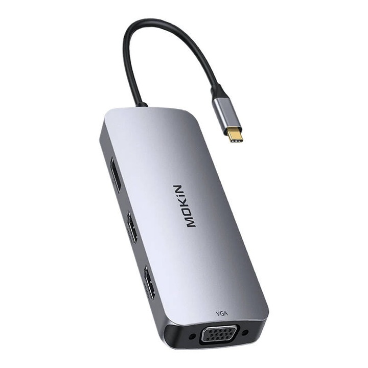 Хъб 8 в 1, MOKiN, USB-C, 2xHDMI, VGA, 20.29x14x1.7cm, сребрист