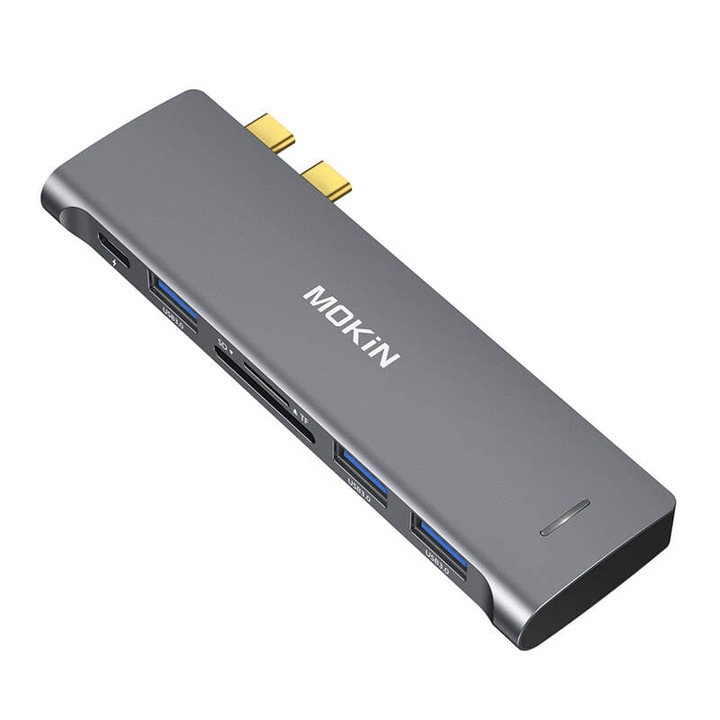 MOKiN хъб, USB-C, за MacBook, 3xUSB-A, 1xUSB-C, 1xSD/MicroSD, 3.3x1.27x12.7cm, сребрист