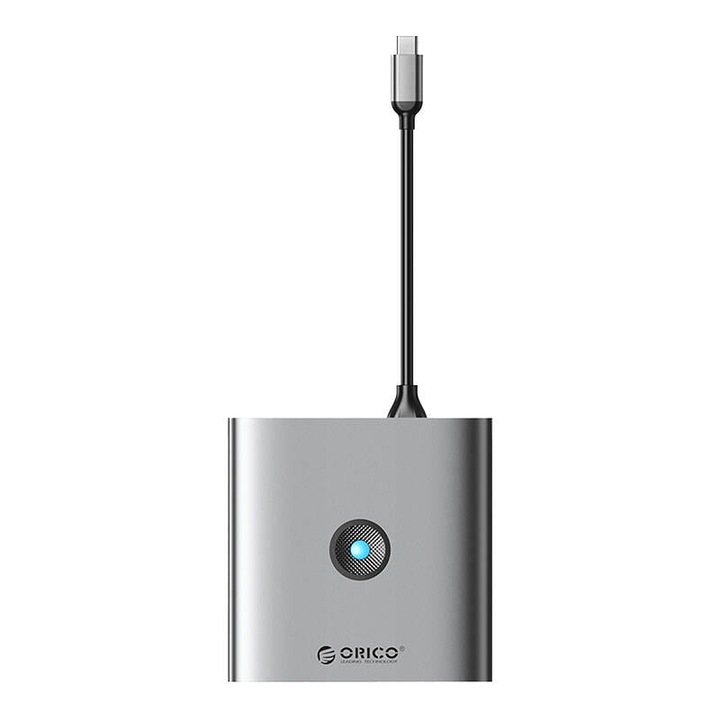 Хъб, Orico, Алуминий / ABS, HDMI 4K, 2 x USB-A 3.0, USB-C, 100W, 79 x 79 x 19,3 mm, Сребрист