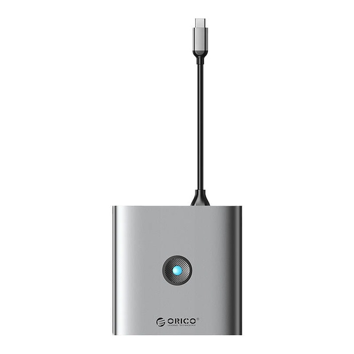 Хъб 8w1, HDMI 4K, 3x USB-A 3.0, USB-C, 100W PD, SD/TF, сив, 79x79x19.3mm