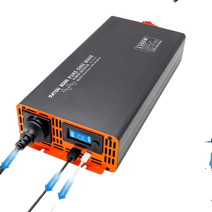 Autó inverter, 1500W, 12V-220V, 90%-os hatásfok, EU csatlakozó