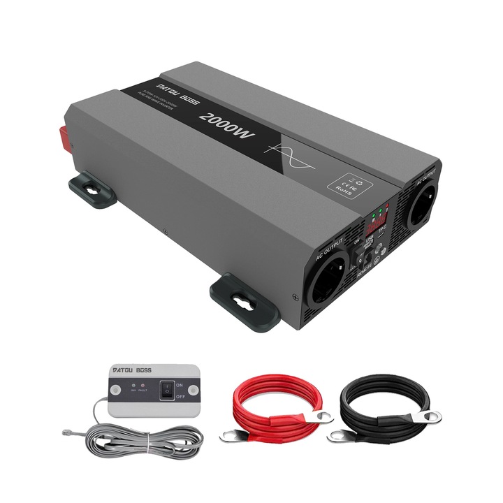 Inverter auto 2000W, 12V/24V, 220V, cablu rosu, cablu negru, cablu gri
