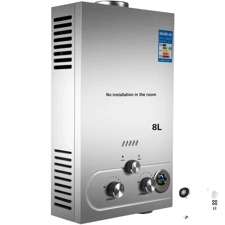 Azonnali vízmelegítő, 8L, 16KW, 6L/perc, nyomógombos kezelőpanel, zuhany tartozékok