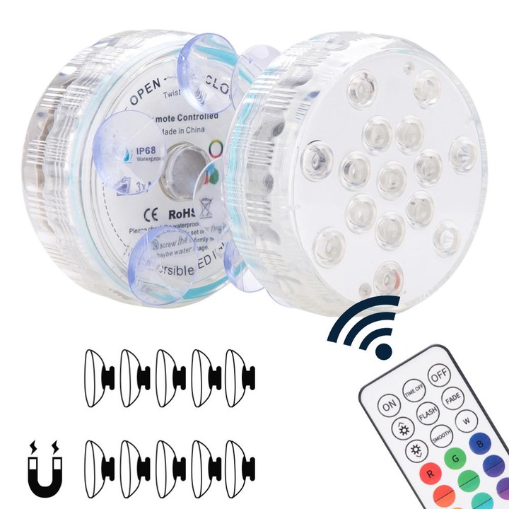 Подводно осветление за басейн, BGHYHYHI, 15 RGB LED, 16 цвята, IP68 водоустойчиво, 8.5x8.5x3.5cm