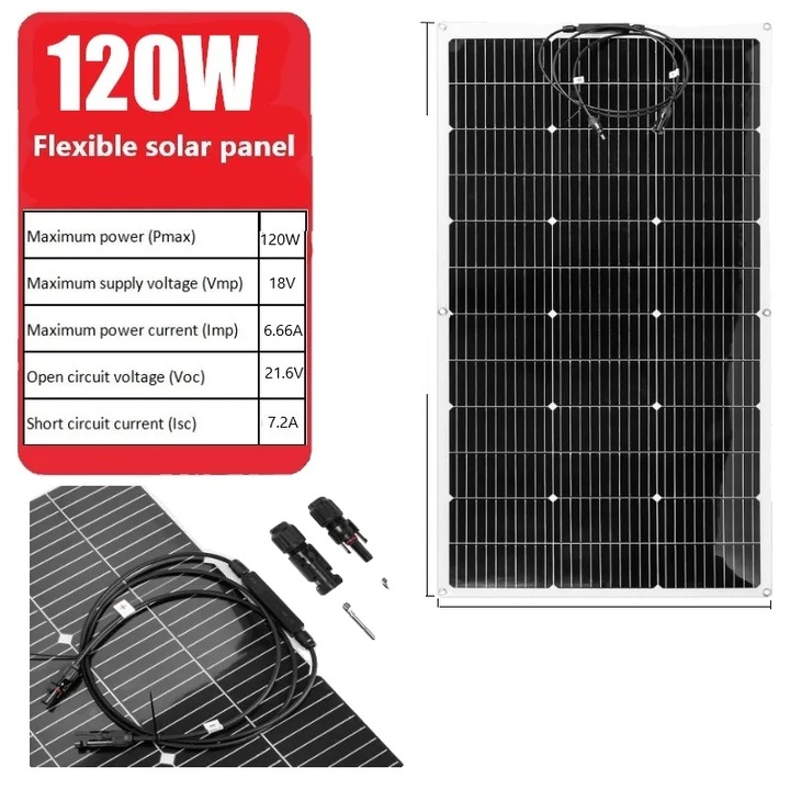 Panou solar flexibil 120W, eficienta ridicata, design usor, dimensiuni 590x1160x1.8mm