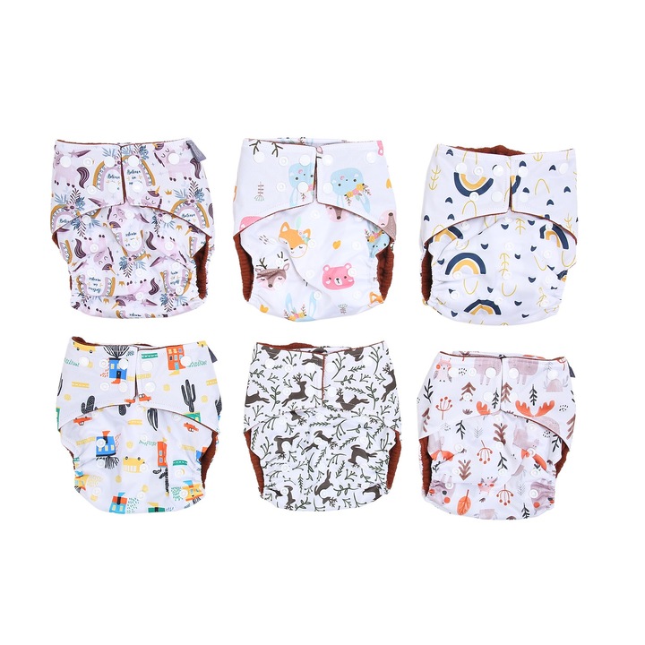 Set 6 scutece din poliester pentru bebelusi, Enforose, absorbtie buna, ajustabile, multicolor, 3-15kg