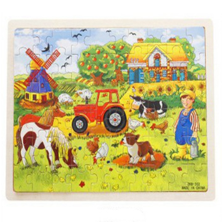 Mmgoqqt 60 db-os fa puzzle darabból álló készlet, oktatójáték, farm téma szélmalommal, ökológiai