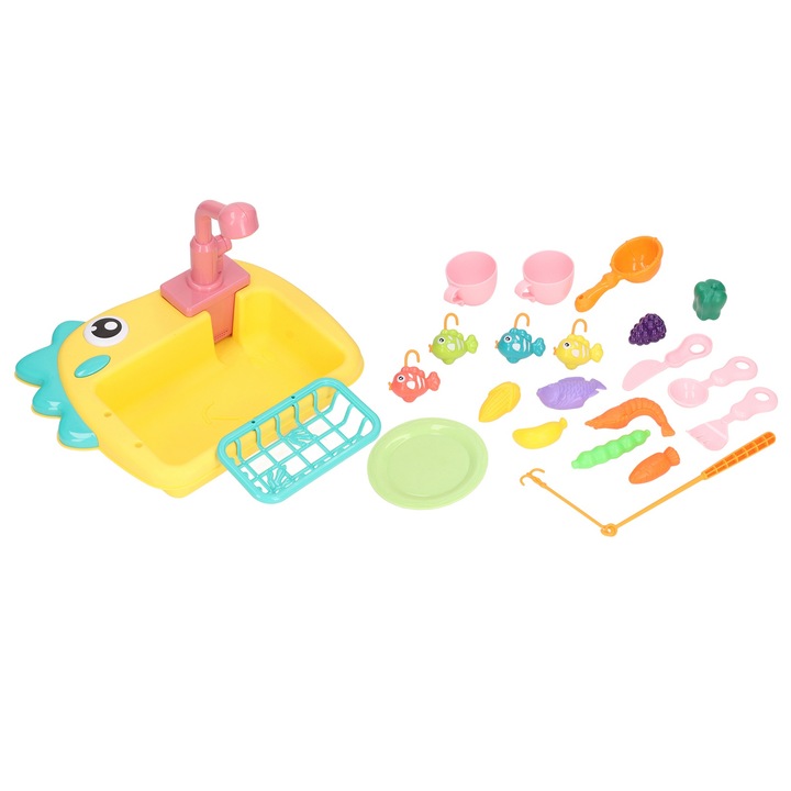 Gyerek konyhai játékkészlet, Jormftte, mosogató folyóvízzel, horgászjátékok, sárga