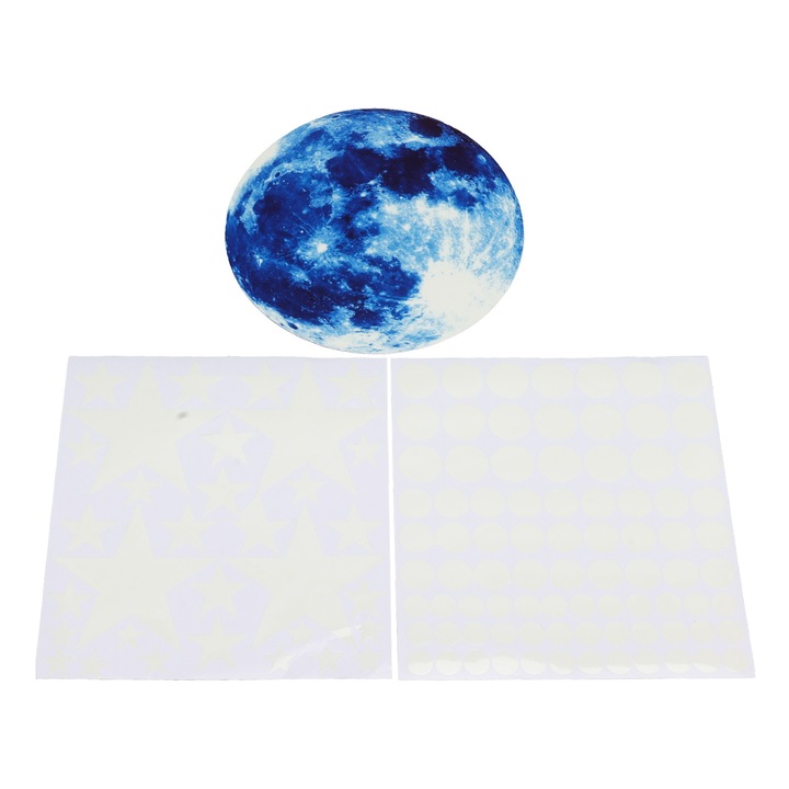 Jormftte világító dekoratív falmatricák, hold és csillag szett, PVC, könnyen felhelyezhető, kék