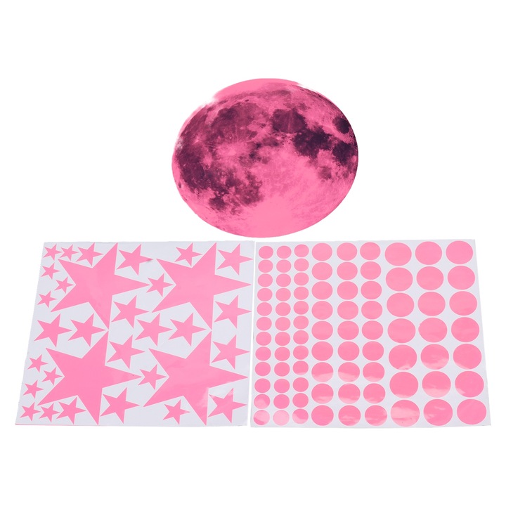 Jormftte világító dekoratív falmatricák, hold és csillagok készlettel, rózsaszín, PVC