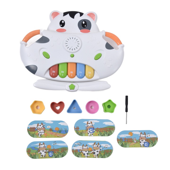 Jormftte 2 az 1-ben elektronikus zongora, tehén modell, építőkocka készlettel, 5 színben, ergonómikus