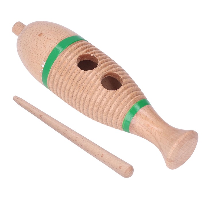 Játék hangszer, fa Guiro, hal alakú, vidám színek, születésnapi ajándék, 30x10cm