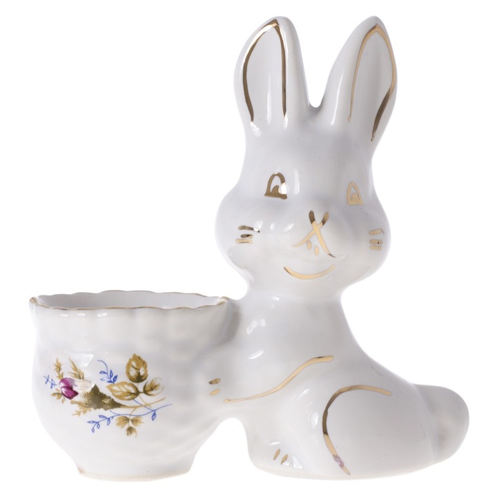 Suport de oua in forma de iepuras Delhan, ceramica, multicolor, 12 x 12 cm