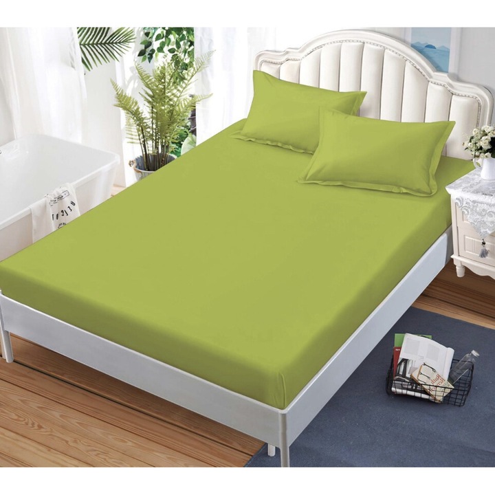 Cearceaf/Husa de pat cu elastic si doua fete de perna, Pucioasa, 3 Piese, Finet/Bumbac, Cearceaf cu elastic 180 x 200 cm, fata de perna 80x 52 cm, Uni, Verde avocado, H-174