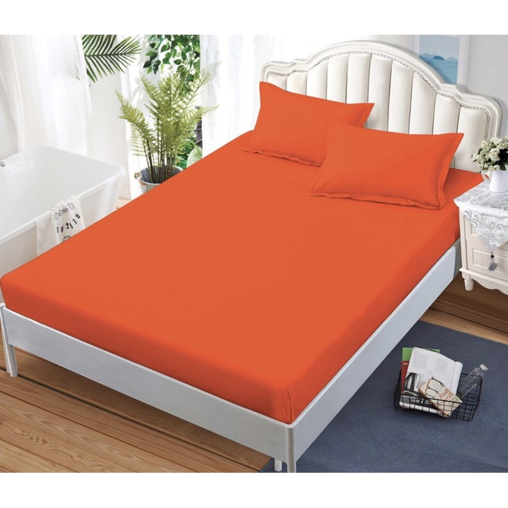 Cearceaf/Husa de pat cu elastic si doua fete de perne, Pucioasa, 3 Piese, Finet/Bumbac, Cearceaf cu elastic 180 x 200 cm, fata de perna 80x 52 cm, Uni, Orange, H-157