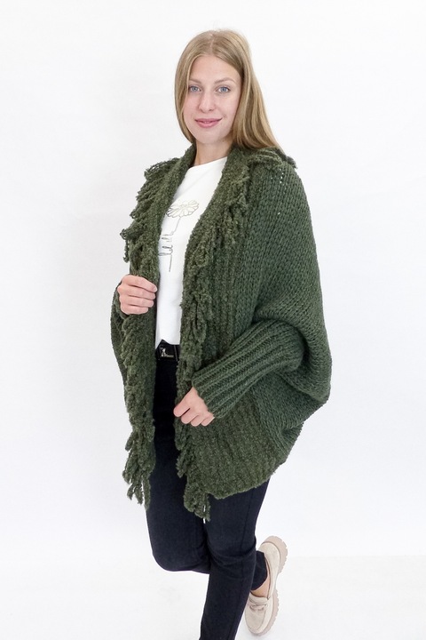Pulover Cardigan cu Franjuri Olive verde acril, One Size INTL
