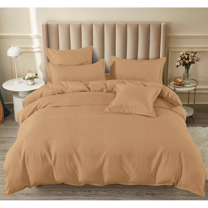 Set lenjerie de pat dublu cu elastic, 6 Piese, Uni, Pucioasa, Bumbac/Finet, Cearceaf de pat cu elastic 180 x 200 cm, Cearceaf pilota 200 x 230 cm, 4 fete de perna, 2 fate patrate 70x70 cm, 2 fete dreptunghi 55x75 cm, Cappuccino, T-188