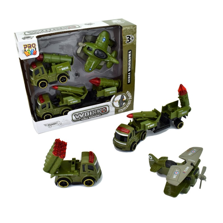 Set de 3 vehicule militare, Pro Kids, avion cu functie de tragere, +3ani