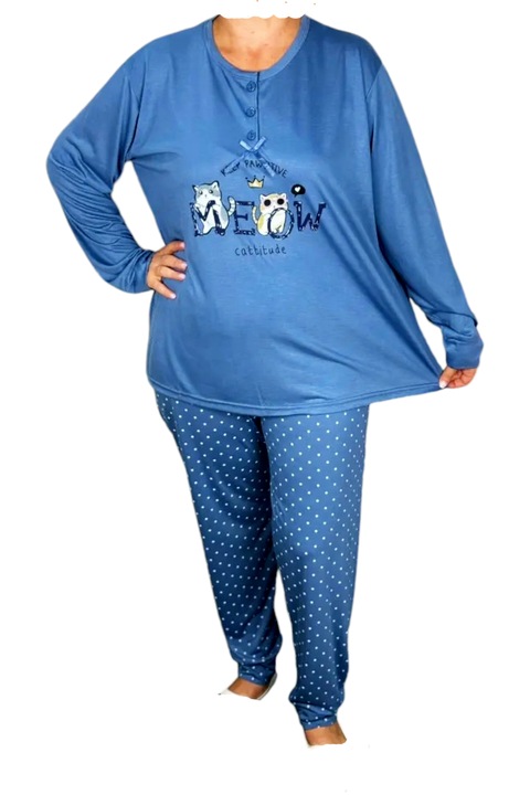 Pijama dama, StarFashion, 2 piese, bluza cu maneca lunga si pantaloni, mari, Albastru aprins, 3XL