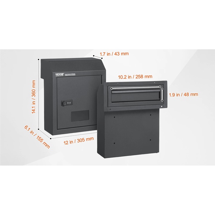 Postaláda, Vevor, acél, vízálló, 305 x 155 x 360 mm, sötétszürke