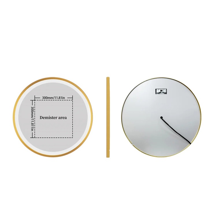 Kerek fürdőszobai tükör arany kerettel, állítható LED világítással, páramentes technológiával, 60cm