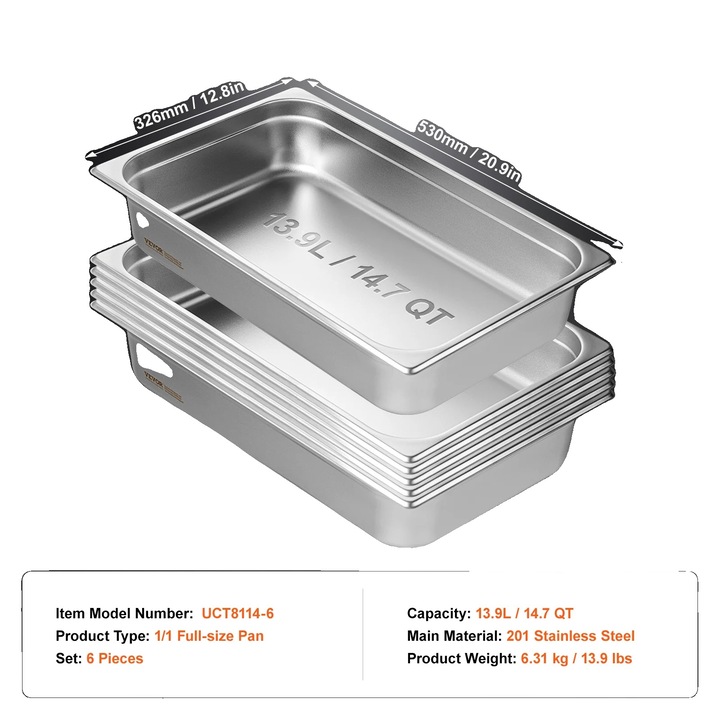 Set de 6 tavi din otel inoxidabil, capacitate 13.9L, dimensiuni 326x530x107mm