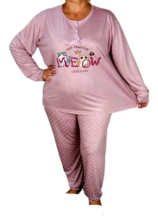 Pijama dama, StarFashion, 2 piese, bluza cu maneca lunga si pantaloni, Mov deschis