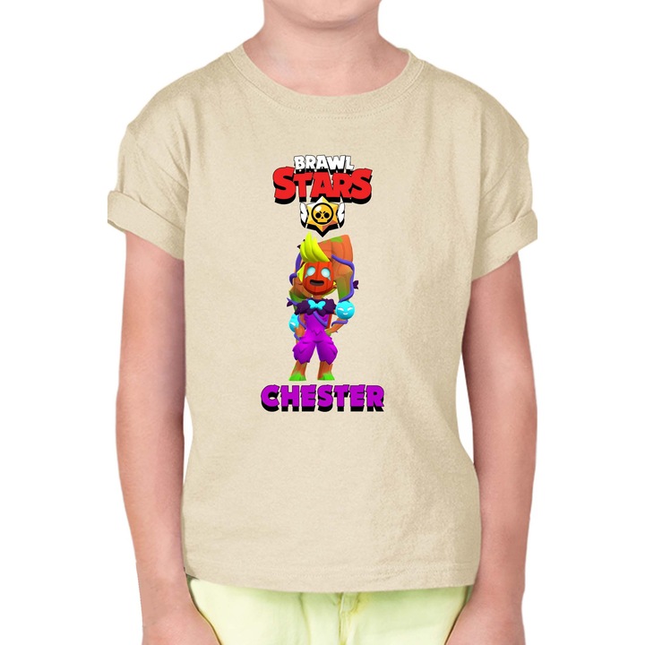 Gyerek rövid ujjú póló Brawl Stars Battle Royale Legendary Brawler Battle Arena OPT Chester Wood Spirit, Krémszín