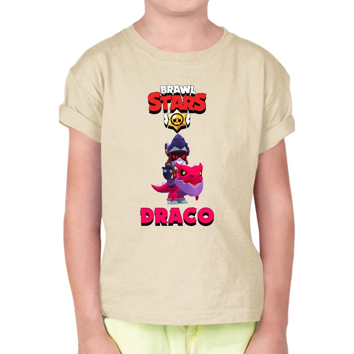 Tricou cu maneca scurta pentru copii Brawl Stars Battle Royale Legendary Brawler Battle Arena OPT Draco Dark Knight, Ecru