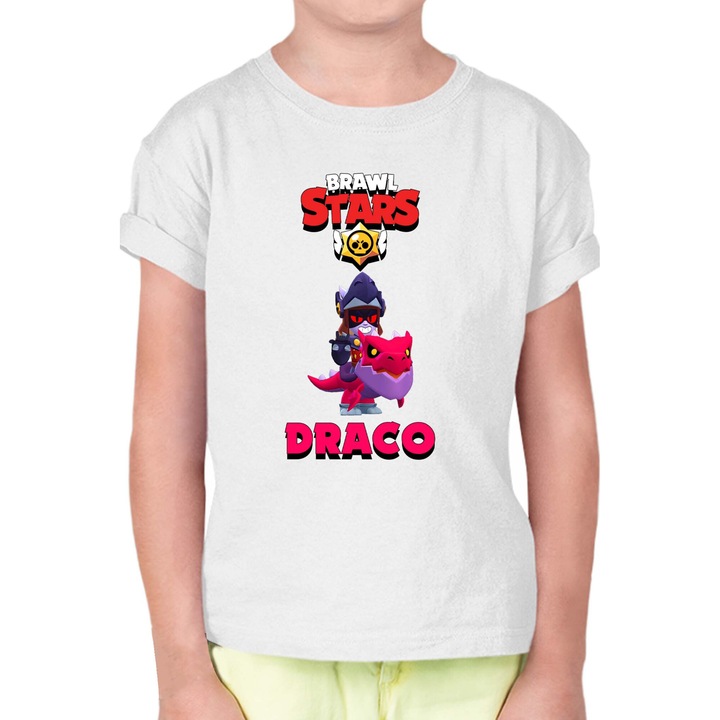 Tricou cu maneca scurta pentru copii Brawl Stars Battle Royale Legendary Brawler Battle Arena OPT Draco Dark Knight, Alb