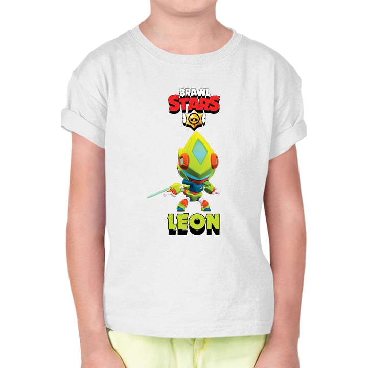 Tricou cu maneca scurta pentru copii Brawl Stars Battle Royale Legendary Brawler Battle Arena OPT Leon Mecha, Alb