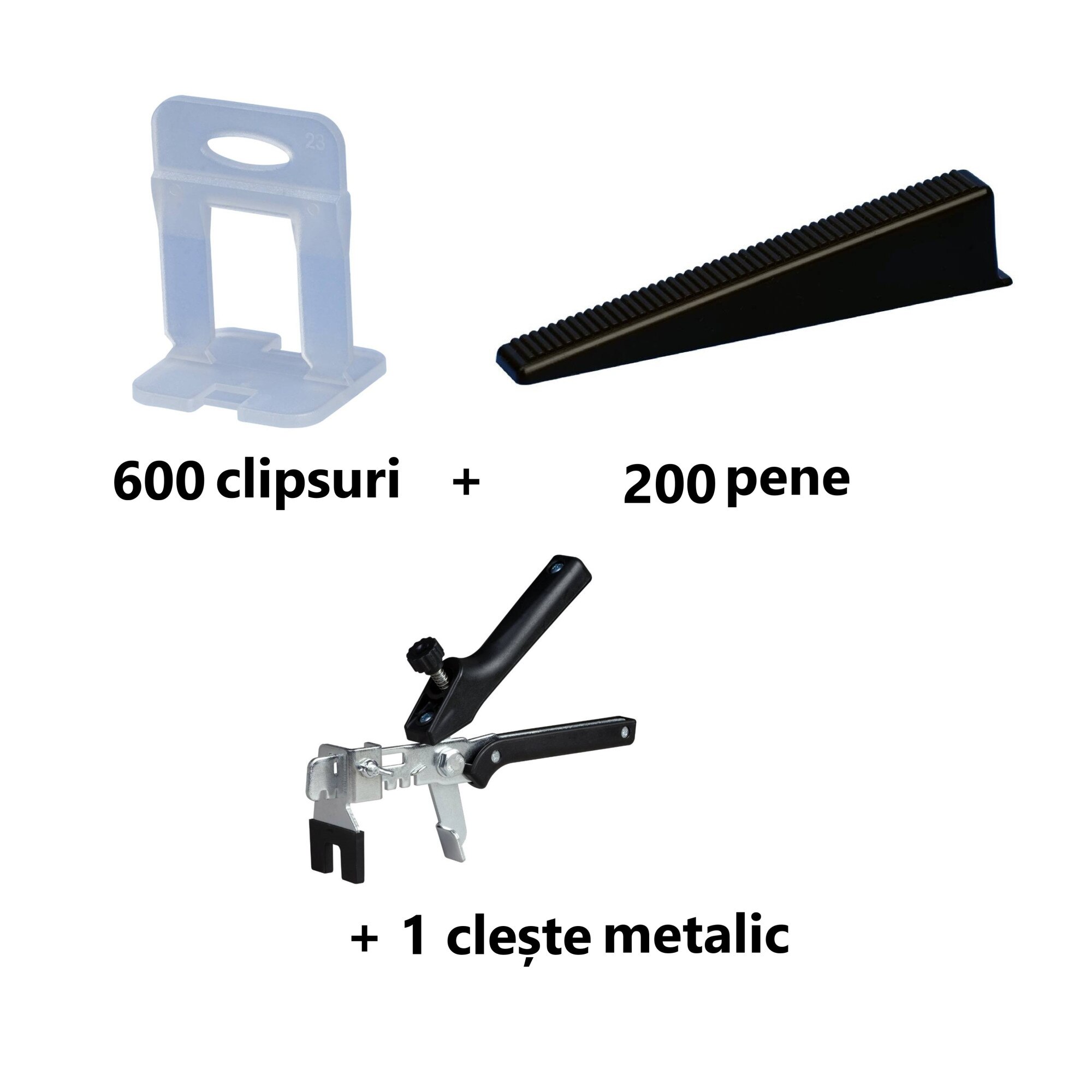 Pachet sistem nivelare gresie CONFORT 6 - 600 clipsuri 3 mm, 200 pene, 1 cleste metalic