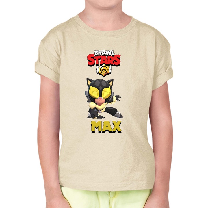 Tricou cu maneca scurta pentru copii Brawl Stars Battle Royale Legendary Brawler Battle Arena OPT Max Panther, Ecru