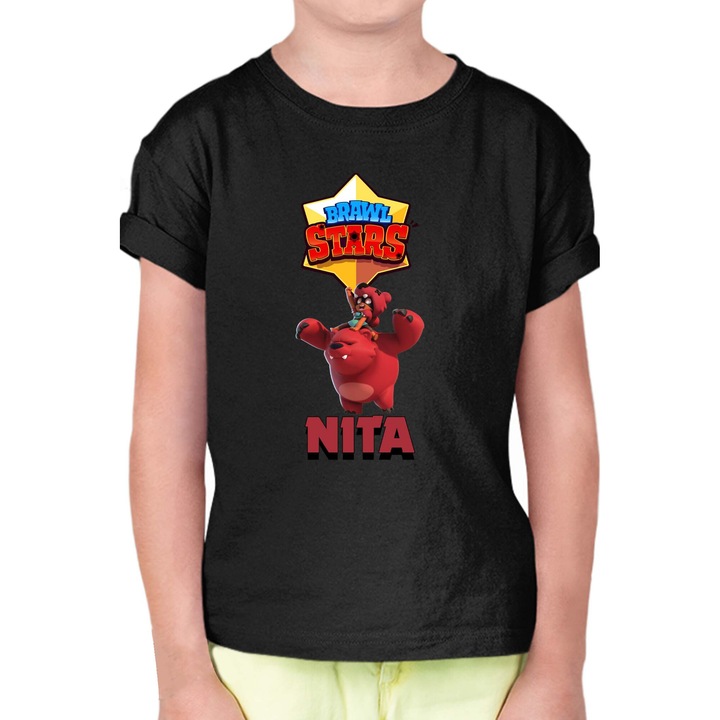Tricou cu maneca scurta pentru copii Brawl Stars Battle Royale Legendary Brawler Battle Arena OPT Nita Bear Skin 2, Negru