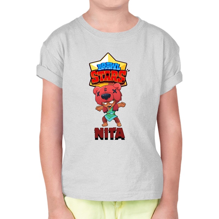 Tricou cu maneca scurta pentru copii Brawl Stars Battle Royale Legendary Brawler Battle Arena OPT Nita Skin 1, Gri melange