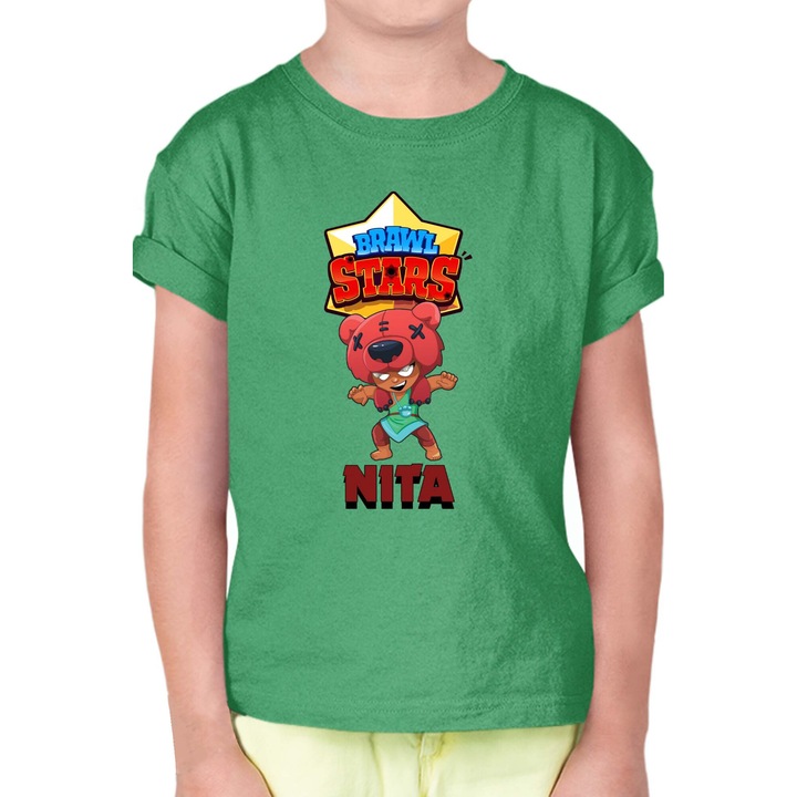 Tricou cu maneca scurta pentru copii Brawl Stars Battle Royale Legendary Brawler Battle Arena OPT Nita Skin 1, Verde