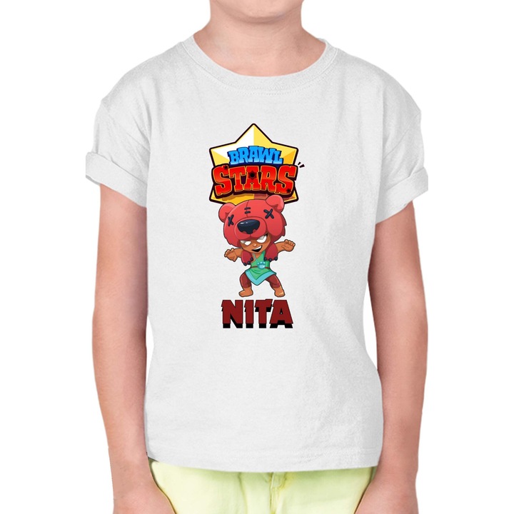 Tricou cu maneca scurta pentru copii Brawl Stars Battle Royale Legendary Brawler Battle Arena OPT Nita Skin 1, Alb