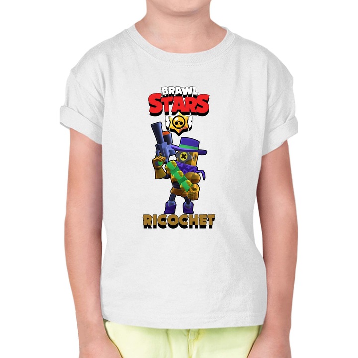 Tricou cu maneca scurta pentru copii Brawl Stars Battle Royale Legendary Brawler Battle Arena OPT Ricochet, Alb