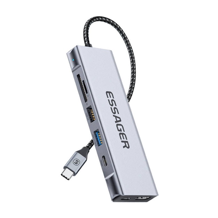 Докинг станция, Essager, USB-C, HDMI, 2xUSB-A, SD/TF, 134x46.15x14mm, сив