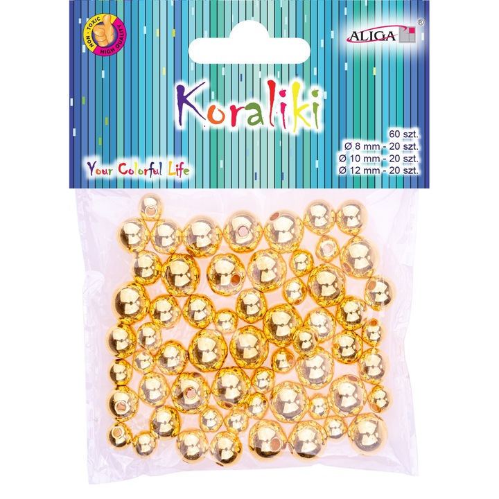 Set de artizanat, Aliga, margele metalizate, mix dimensiuni 8x10x12mm, 60 buc, auriu