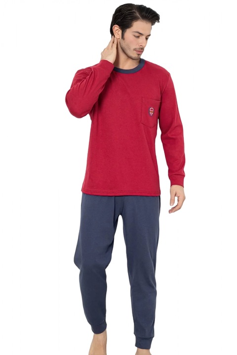 Interlock pamut pizsama férfiaknak, nagy méret, hosszú ujjú és nadrág, bordó/szürke 600 7214, Bordó
