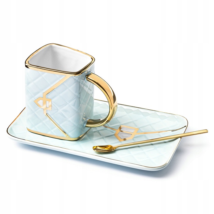 Set Cana Cu Farfurie Si Lingura, Gadget Master, Sticla, Efect De Material Matlasat, Design Original, Idee Cadou Ideala, Elegant, Pentru Ziua Femeii, 300 ml, Menta, Aur