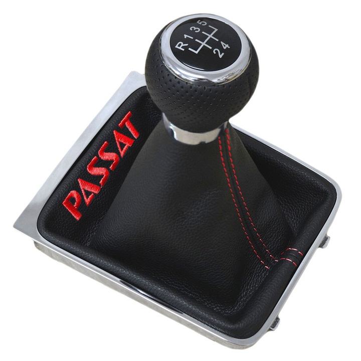 Schimbator de viteze Ophelia pentru VW Passat B6, 2005-2010, piele naturala, crom, negru, rosu.