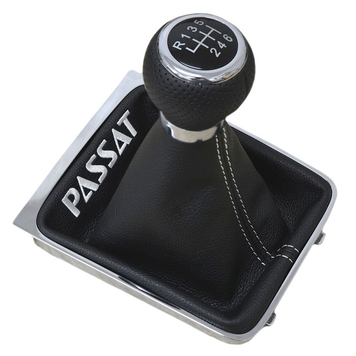 Set nuca/burduf/cadru schimbator de viteze Ophelia, pentru VW Passat B6 2005-2010, piele naturala, crom, 6 trepte, negru