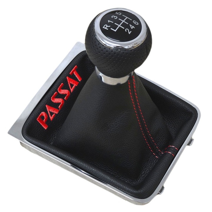 Set accesorii auto Ophelia, nuca/burduf/cadru schimbator de viteze, maner din piele naturala, rama cromata, rosu, pentru VW Passat B6 2005-2010