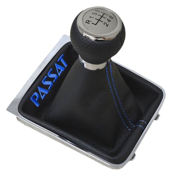 Set accesorii auto Ophelia, nuca/burduf/cadru schimbator de viteze din piele naturala, cu rama cromata si maneca albastra, pentru VW Passat B6 2005-2010