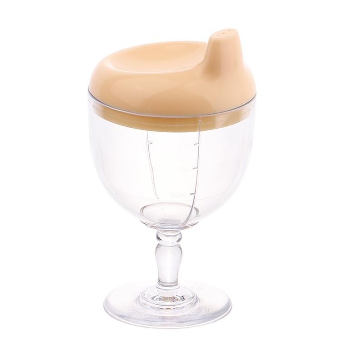 Pahar din Plastic Transparent cu Picior, Leski, pentru Copii, 14 x 7.7 cm, cu Cioc Antiscurgere, + 3 Ani, Fara Maner, Galben